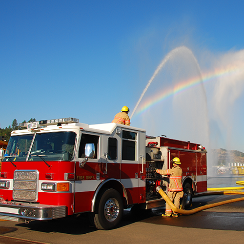 Fire engine spraying water