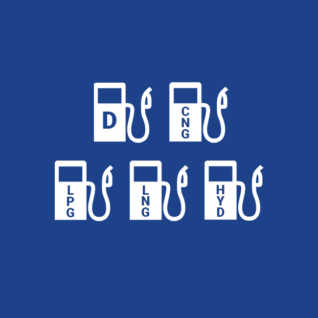 Display of alternative fuels fuels including LNG, CNG, Diesel, HYD, and LPG.